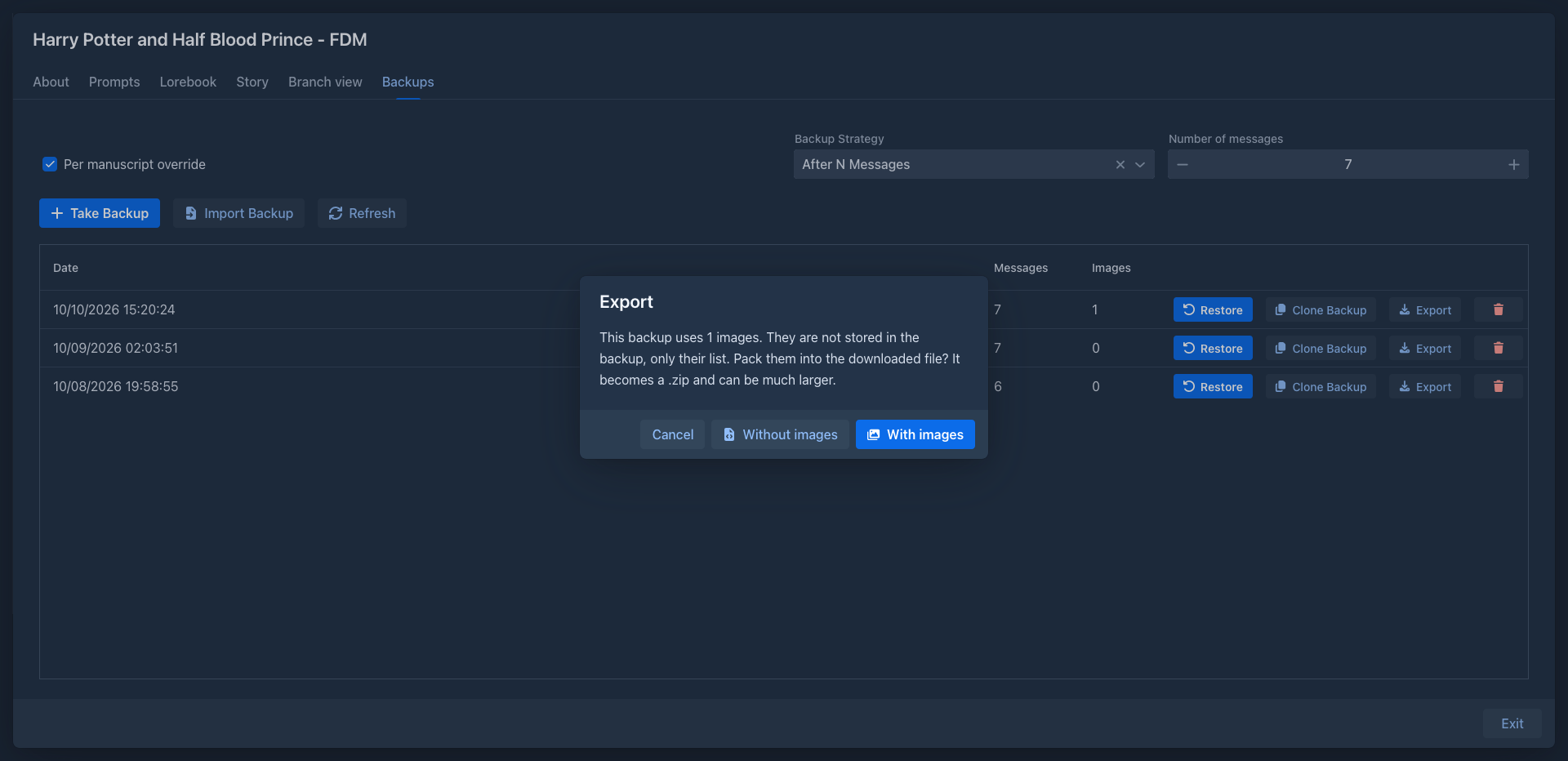 Exporting a backup that has pictures