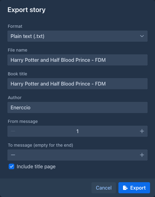 The Export story dialog