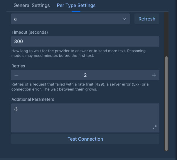 Timeout, retries, additional parameters and Test Connection