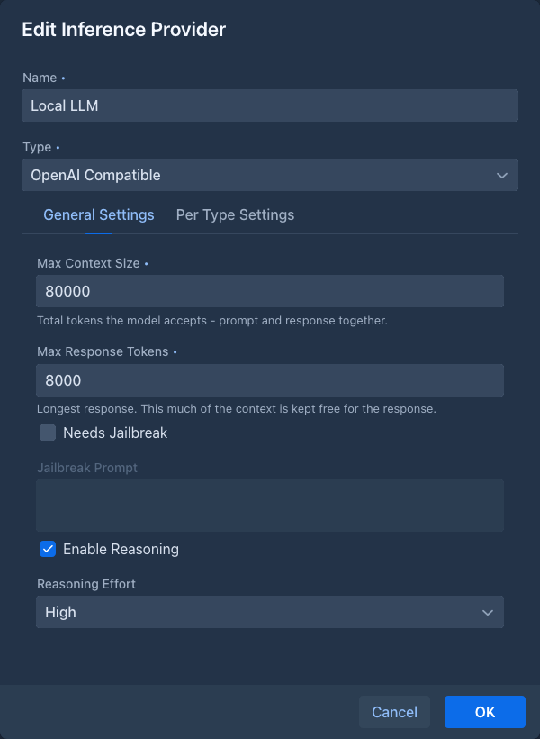 General Settings of an inference provider