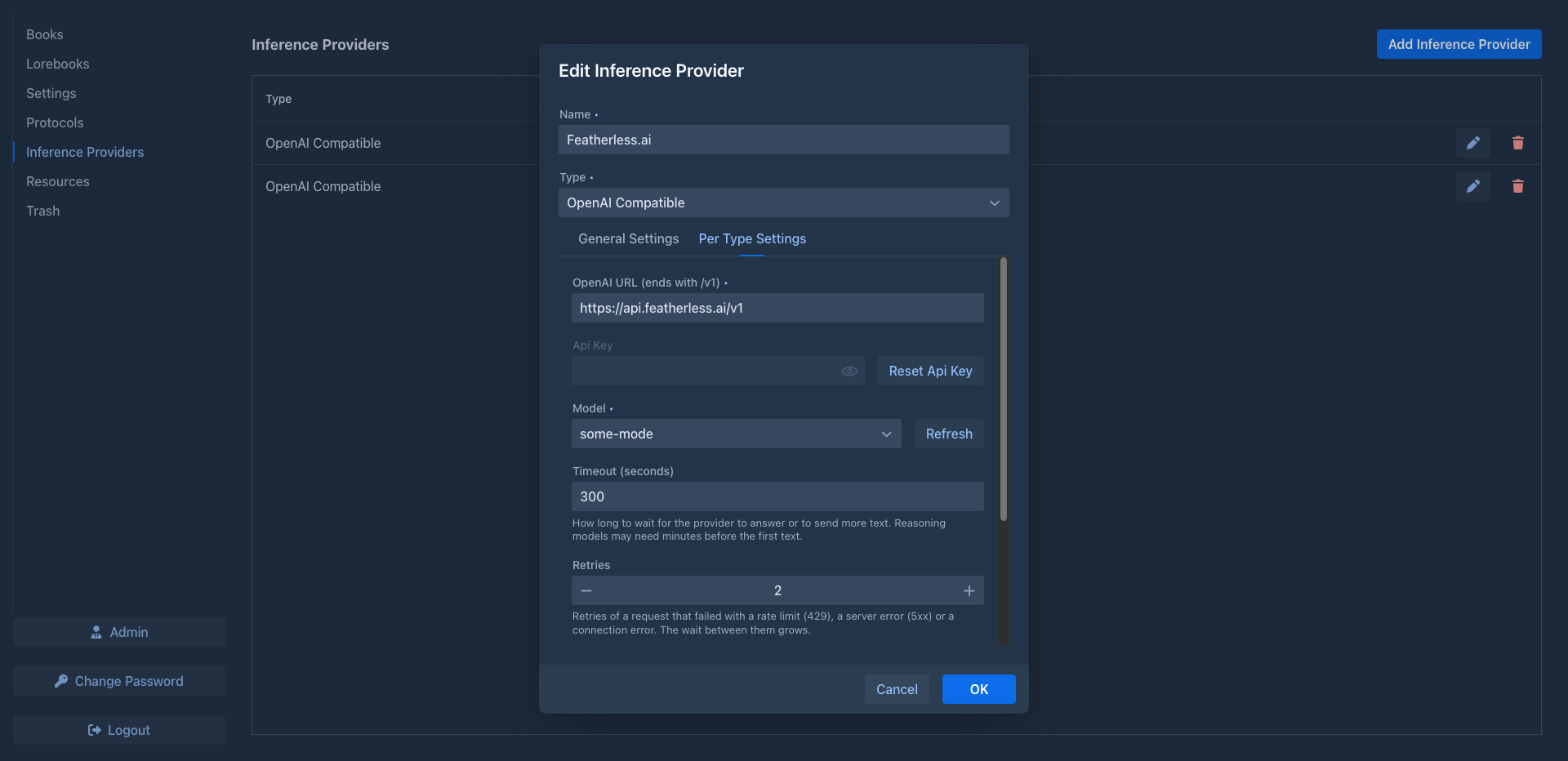 Per Type Settings with the model list loaded