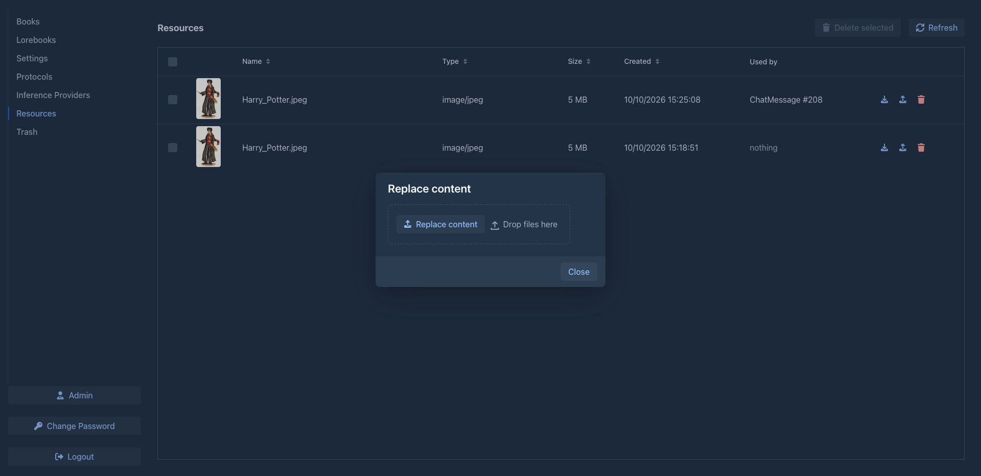 Replacing the content of a resource