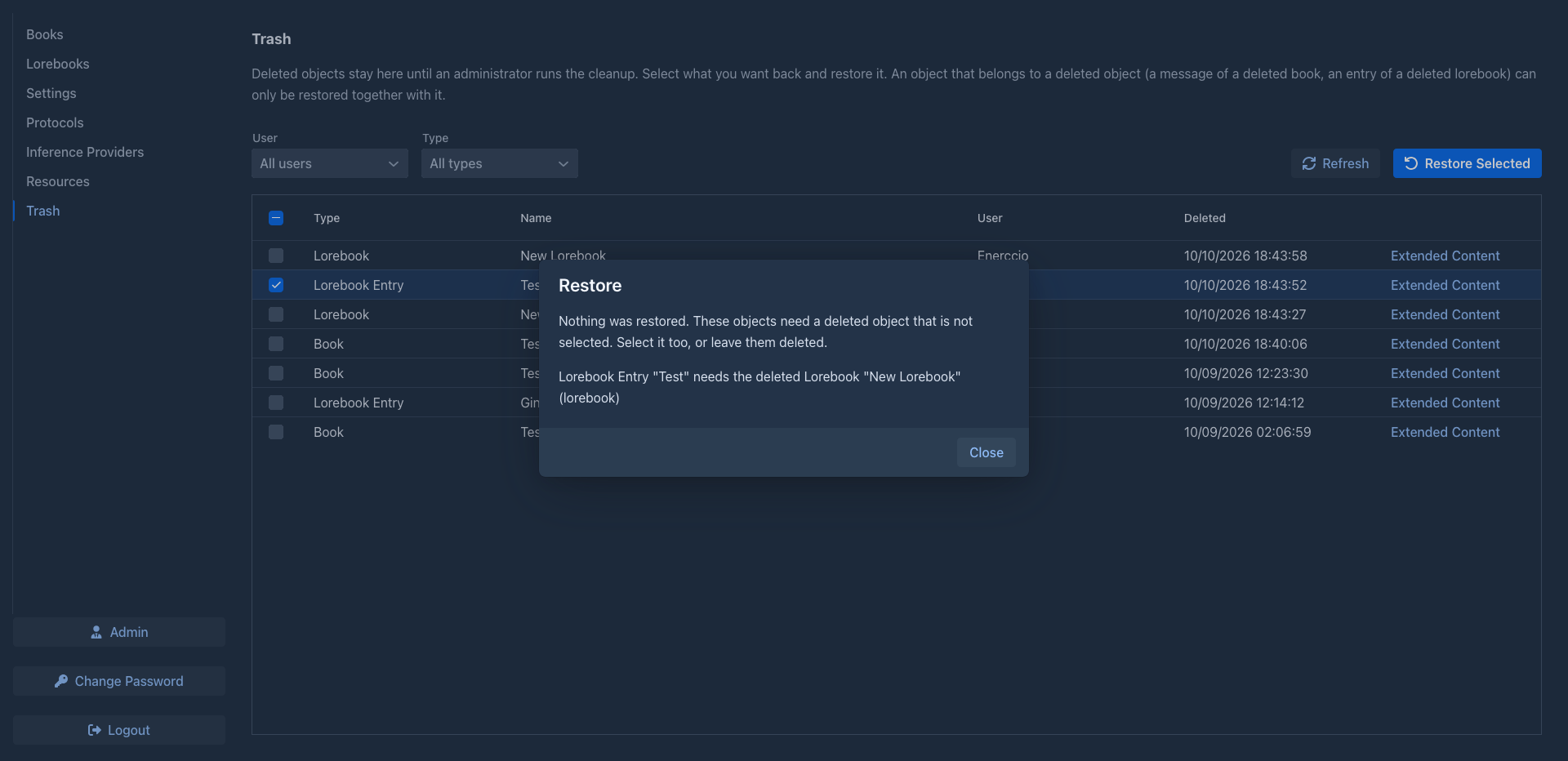 Restore refused because the lorebook of the entry is deleted too